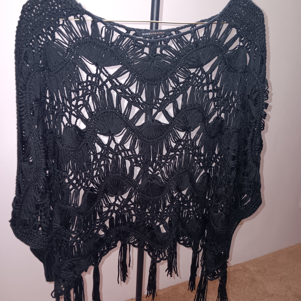 BCBGMaxAzria Black Crochet Poncho Top
